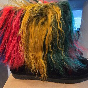 NEW BEARPAW Boo Real Lamb Fur Lined Boots "Rasta" Black / Multi Womens Size 8